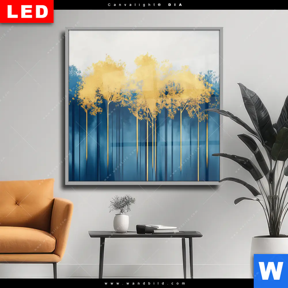 Wechselmotiv Acrylglas Canvalight® DIA | Abstrakter Wald - Blau & Gold | Quadrat